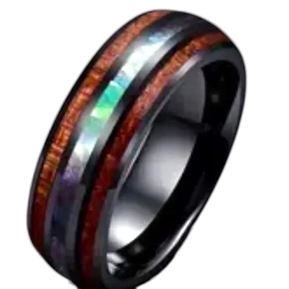 Abalone Shell & Koa Wood Inlay Ring, Men’s Wedding Band, Stainless Steel Size 11